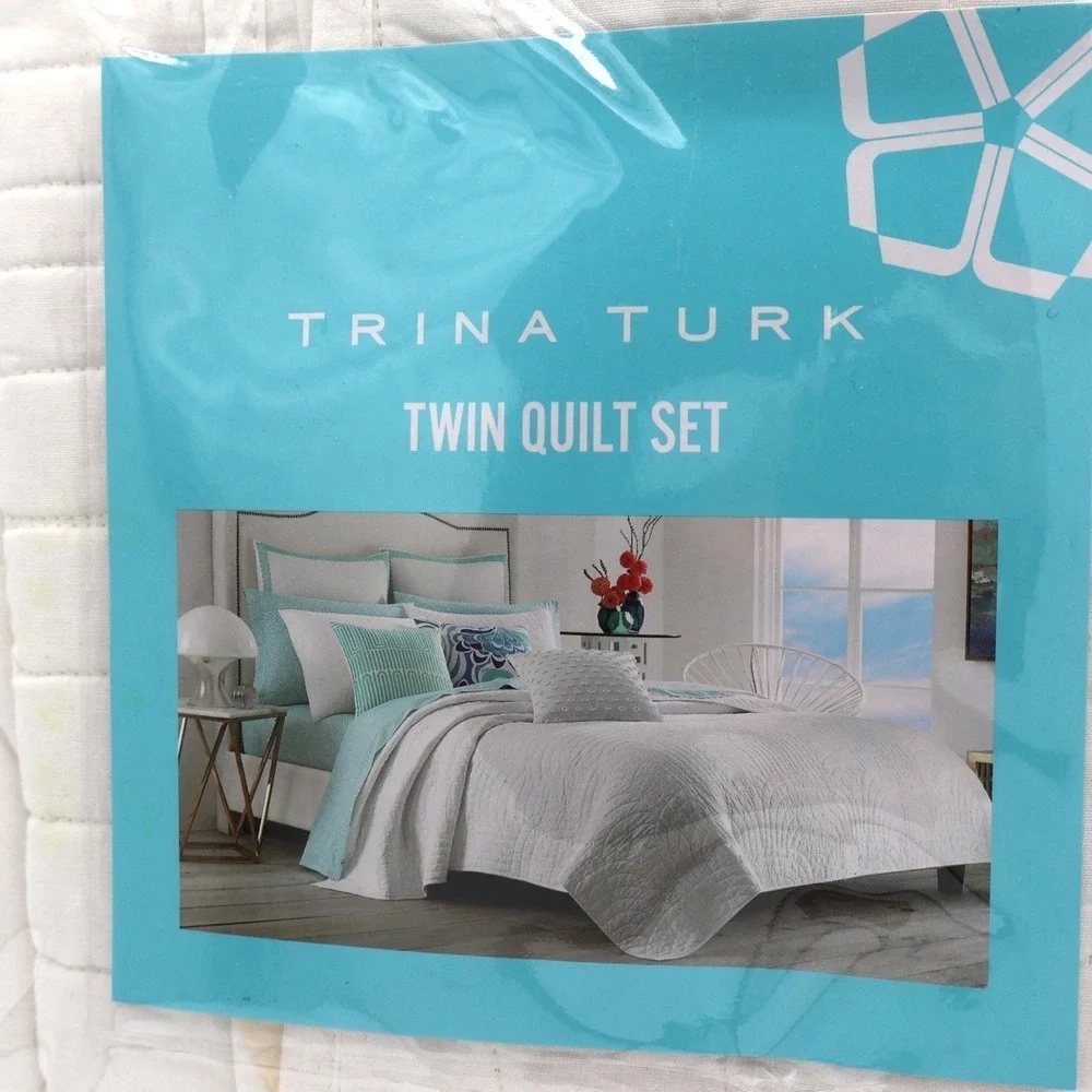 Trina Turk‎ Twin Quilt Set Sham White Cotton Coastal Tropical Palm Desert NEW